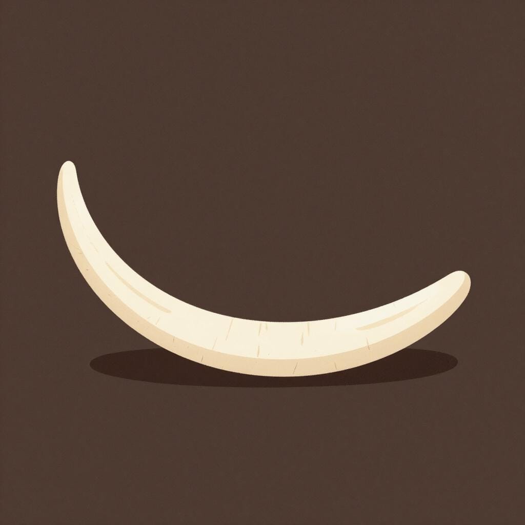 A single, elegant elephant tusk resting on a dark wooden surface.