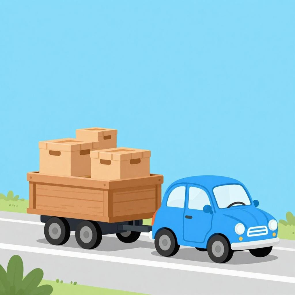 小型車に連結された、カラフルなオープンデッキのトレーラー。