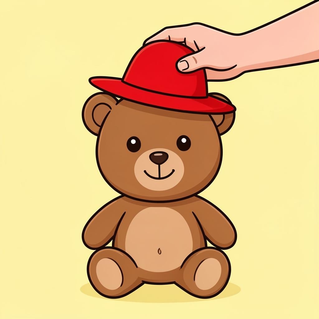 A hand placing a bright red hat on the head of a smiling brown teddy bear.