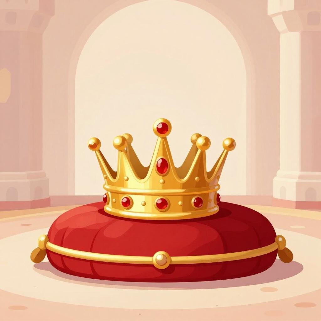 A golden crown resting on a velvet cushion inside a grand hall.