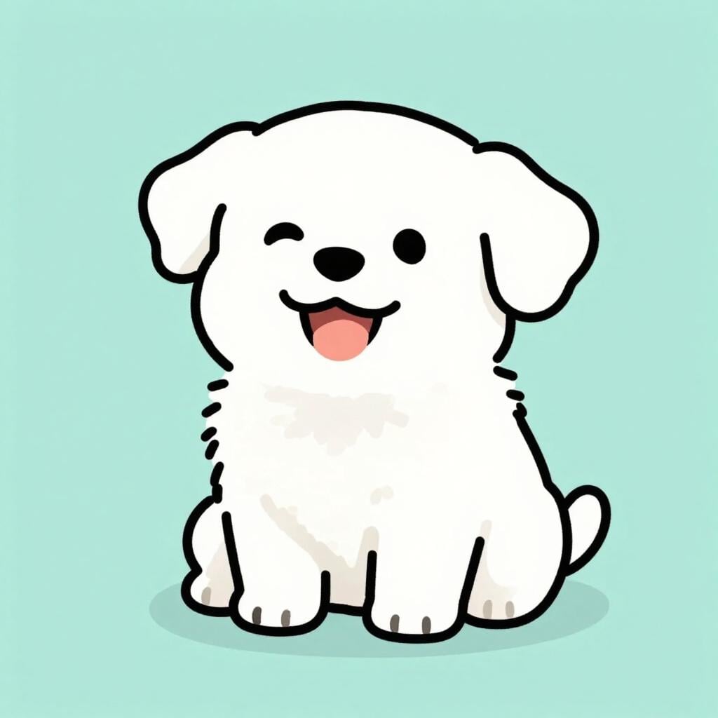 かわいらしくて幸せそうな白い子犬が、楽しそうな表情でうなずいている。