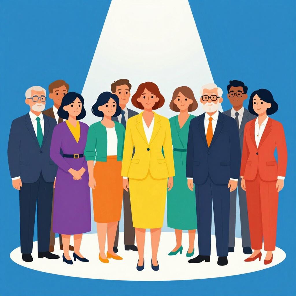 A group of elegant people in colorful formal wear standing together on a red carpet under a spotlight.