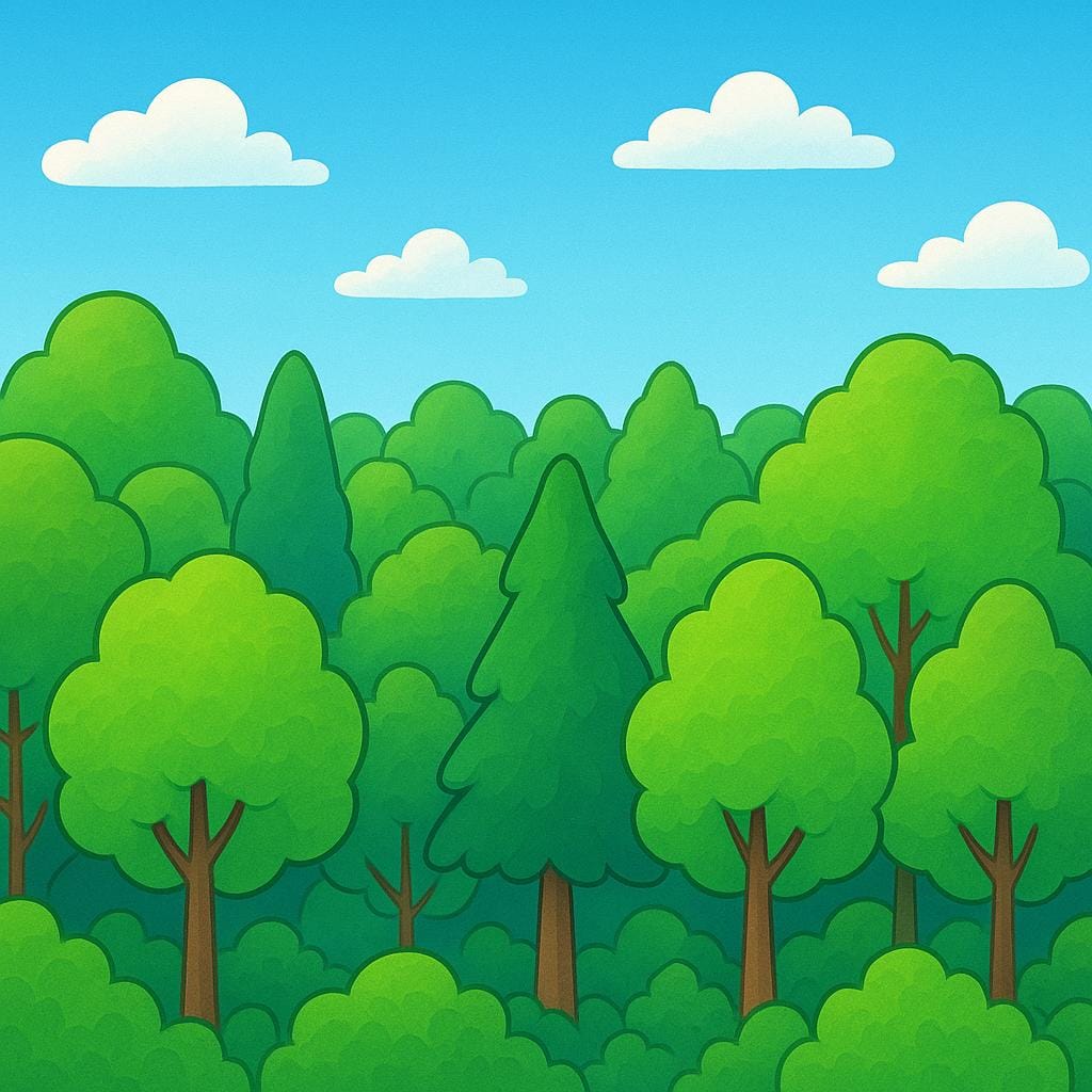A scenic view of a vast, dense forest with numerous tall trees and a green canopy.