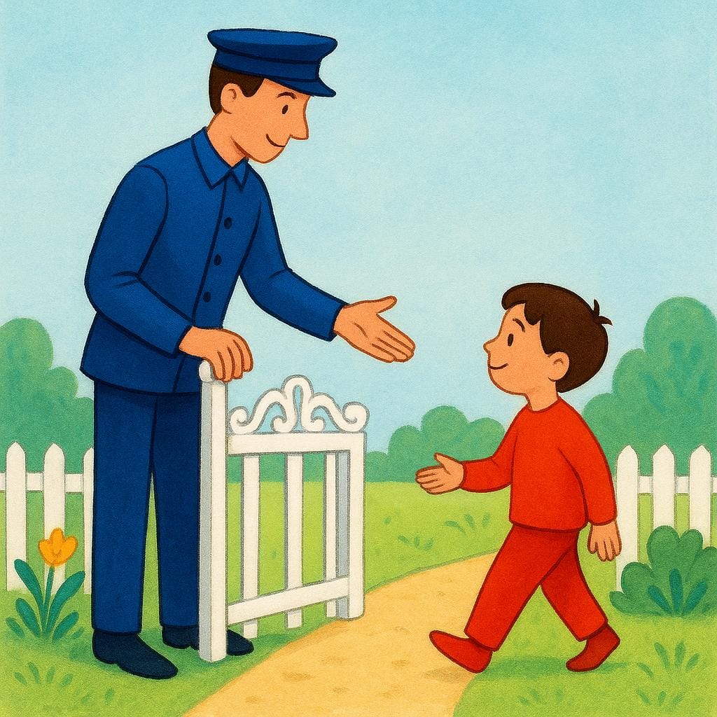A person in a blue uniform stands beside a decorative wooden gate, holding it wide open while politely gesturing for a smaller person in a red outfit to walk through first.