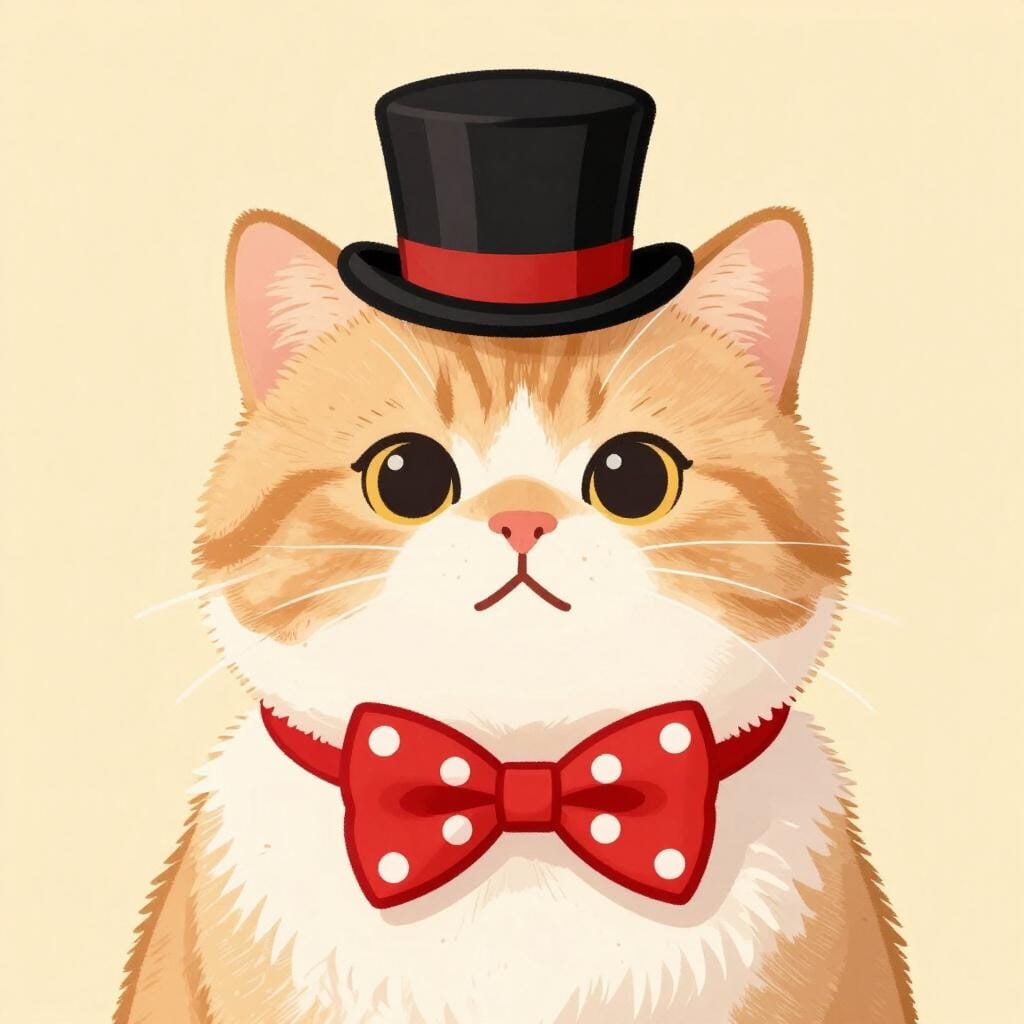 Een kat met een kleine hoge hoed en een kleurrijke stippen vlinderdas.