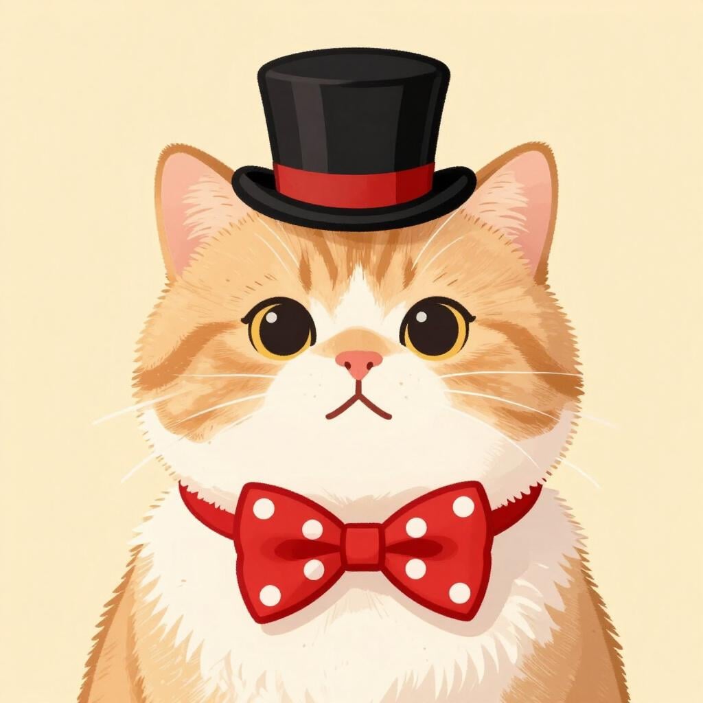 Eine Katze, die einen winzigen Zylinder und eine bunte gepunktete Fliege trägt.