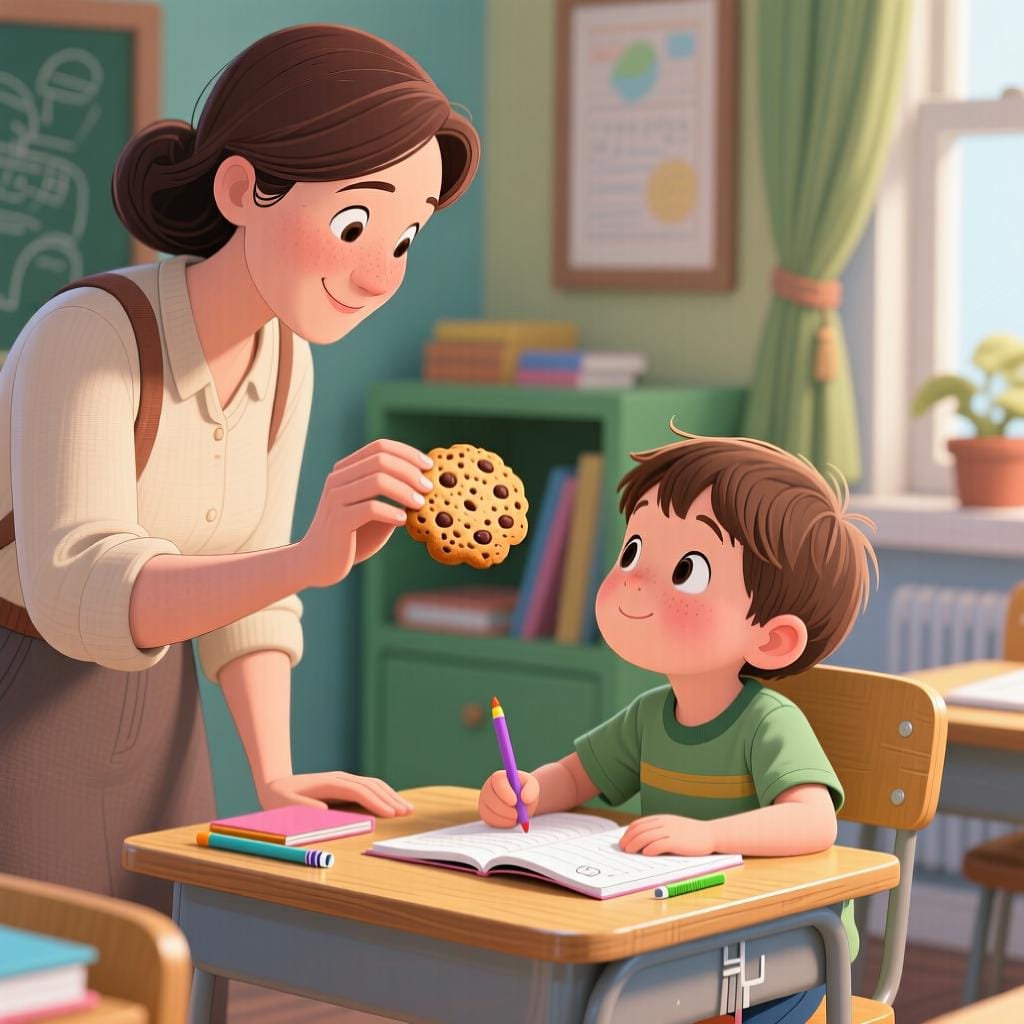 子供にキャンディーを差し出している人。子供がまず宿題を終えるという条件が付いています。