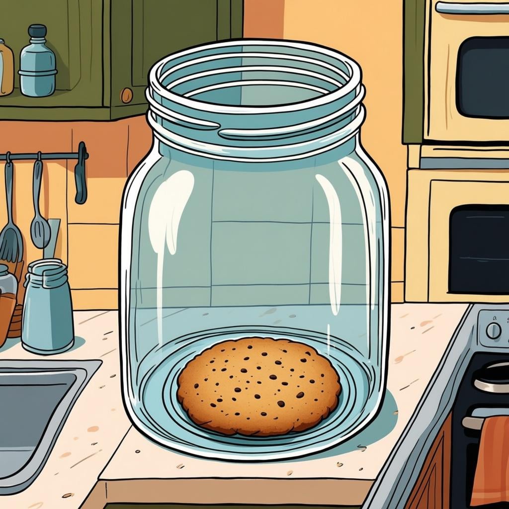 A brightly colored, transparent glass cookie jar containing only one single cookie at the bottom.