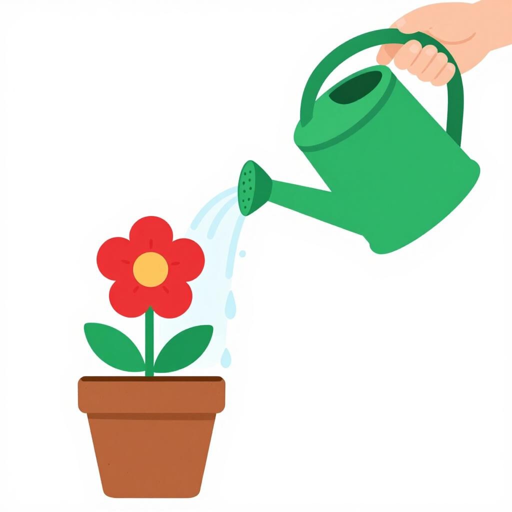 Uma pessoa usando um regador verde para colocar água em uma flor vibrante em vaso.