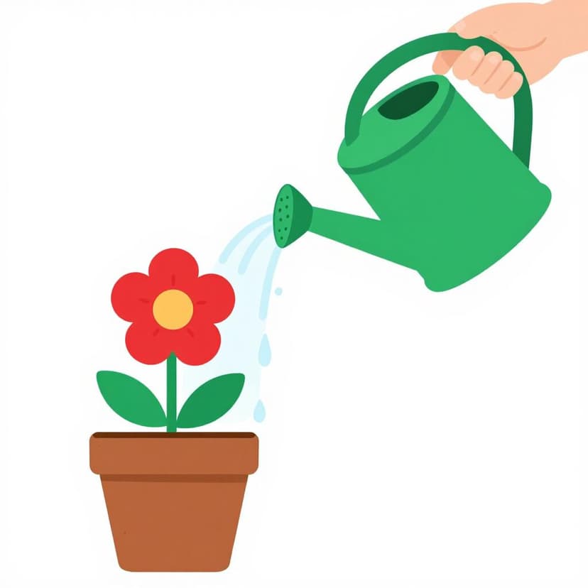 Uma pessoa usando um regador verde para colocar água em uma flor vibrante em vaso.