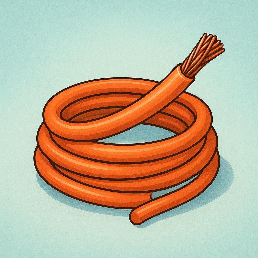 A thick, coiled copper electrical wire, partially stripped to show the metallic conductor inside.