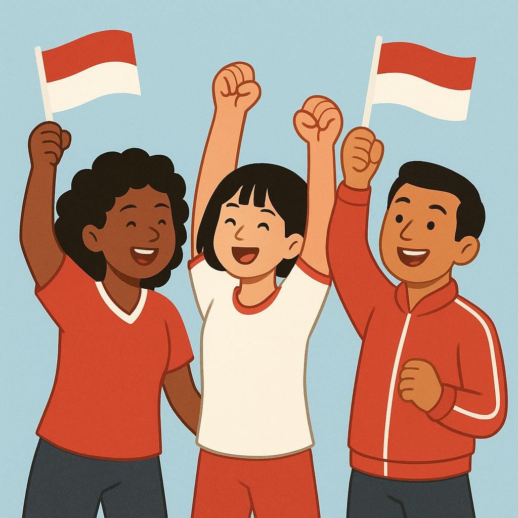 Three people dressed in matching red and white attire cheering loudly and enthusiastically, representing a fan club.