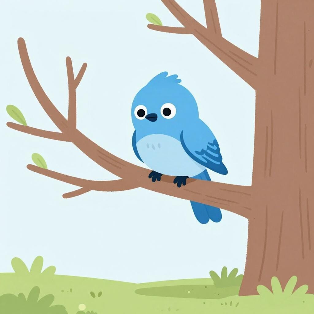 Ein kleiner blauer Vogel sitzt allein auf einem Ast und hat den Kopf gesenkt.