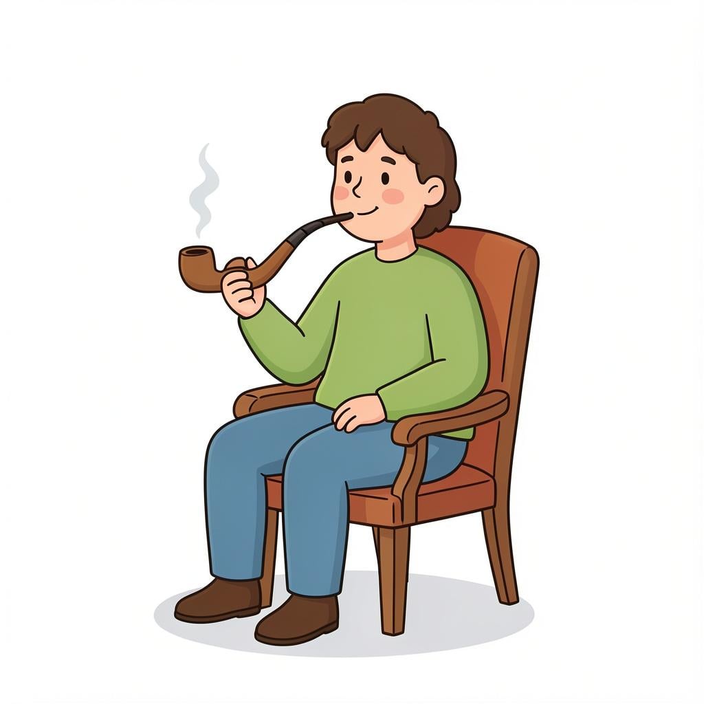 A person sitting in a wooden chair, holding a pipe with a small wisp of smoke rising from it.