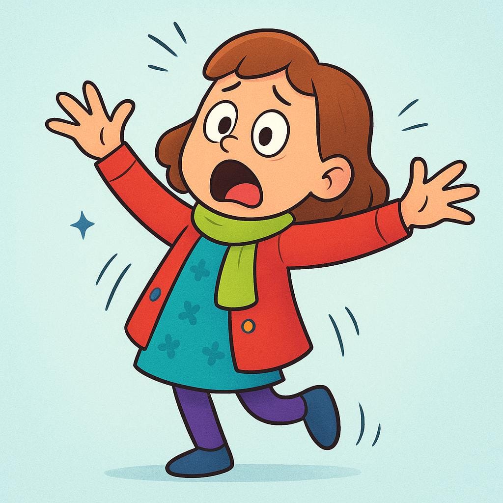 A cartoon character making an extremely exaggerated gesture of shock or distress, with arms flung wide and body bent dramatically.