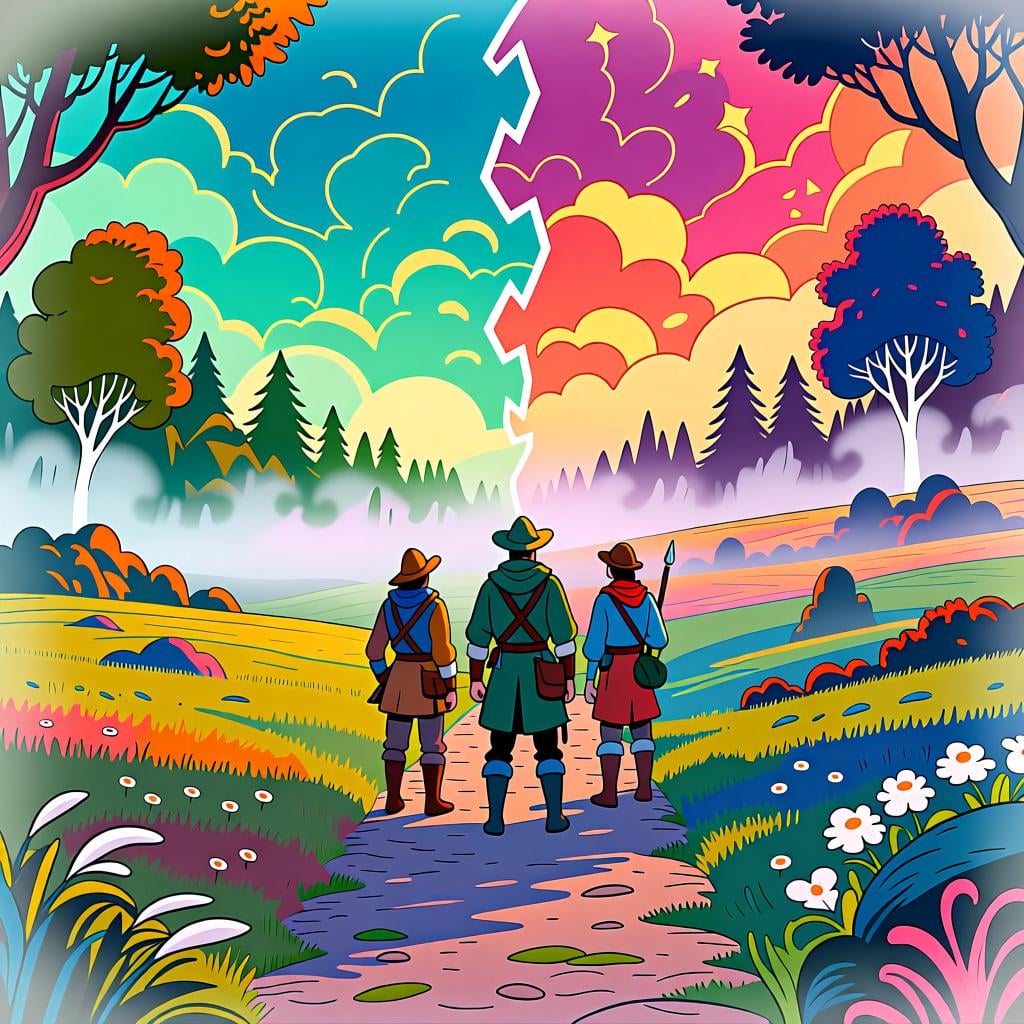 A group of travelers looking at a fork in the road where different weather conditions or destinations are hinted at, symbolizing multiple possibilities.