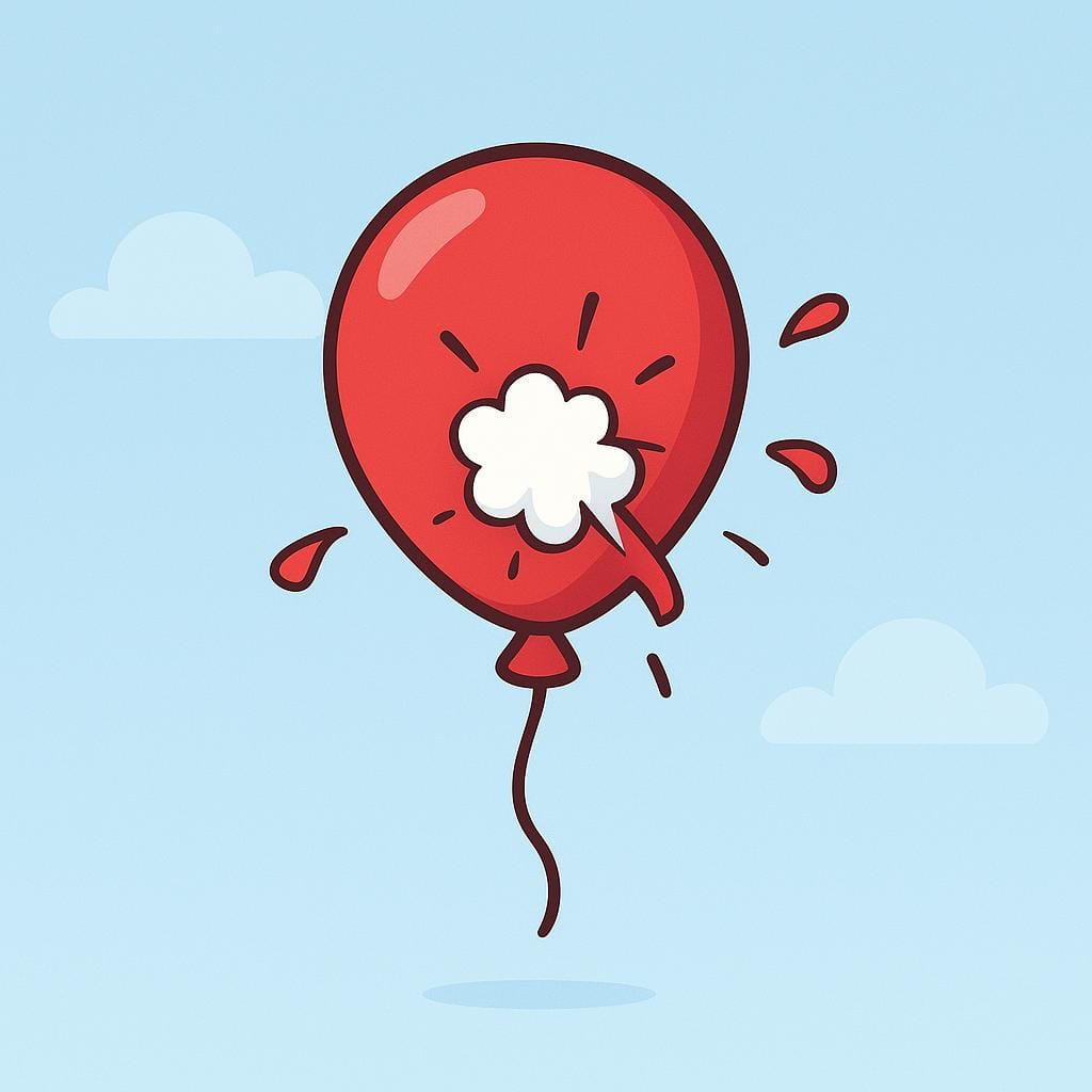 A sudden, bright red balloon bursts in the air, releasing a small puff of white smoke, illustrating a notable incident.