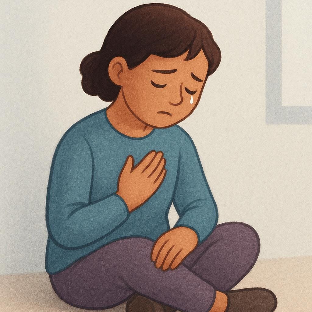 A drawing of a solitary, sad figure seated, holding their hand over their chest to symbolize deep emotional pain.