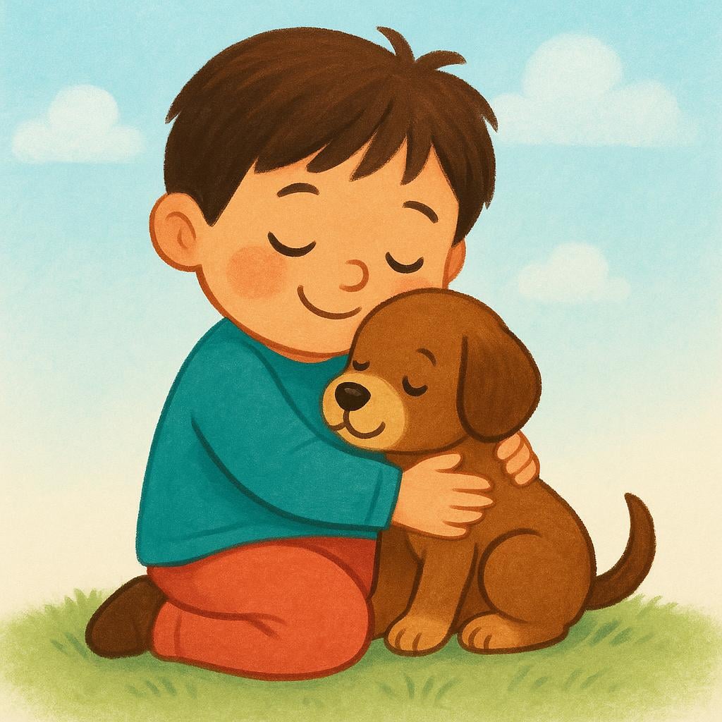A young girl gently hugs a fluffy brown puppy, both looking content and happy, demonstrating deep affection.