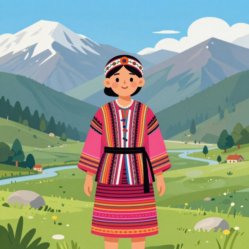 Une personne en tenue traditionnelle faite à la main se tenant dans un paysage naturel.