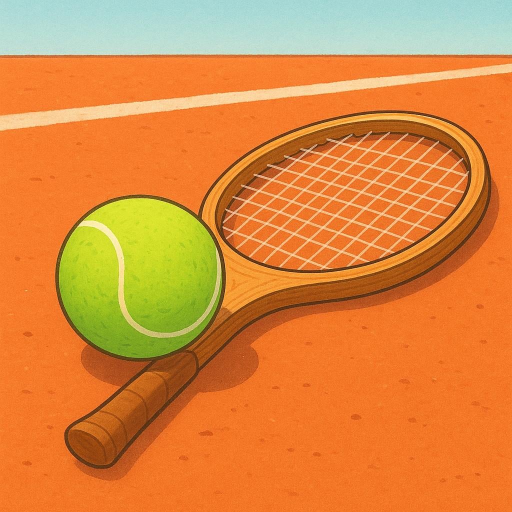 A close-up illustration of a bright green tennis ball resting beside a classic wooden tennis racket on a reddish clay court.