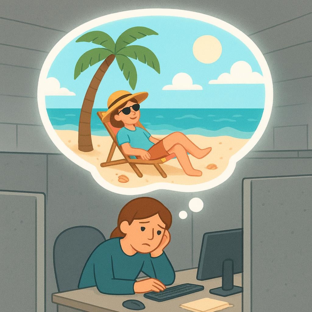 A person sitting bored in a gray office cubicle, imagining themselves relaxing happily on a bright, sunny beach inside a thought bubble.
