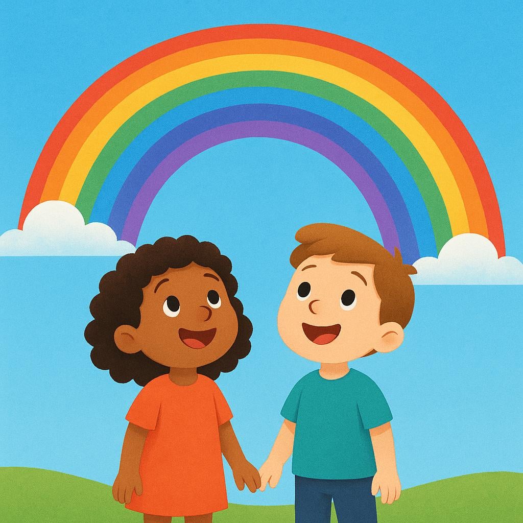 A colorful illustration showing two people smiling while looking up at a clear sky where a bright, vibrant rainbow is visible, symbolizing hope.