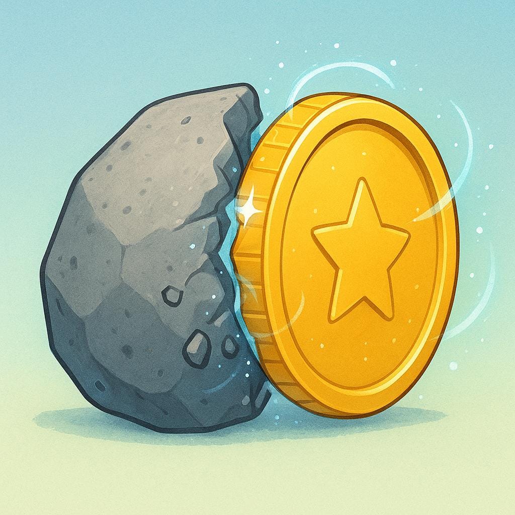 A colorful storybook illustration showing a gray rock transforming into a sparkling gold coin in mid-air.