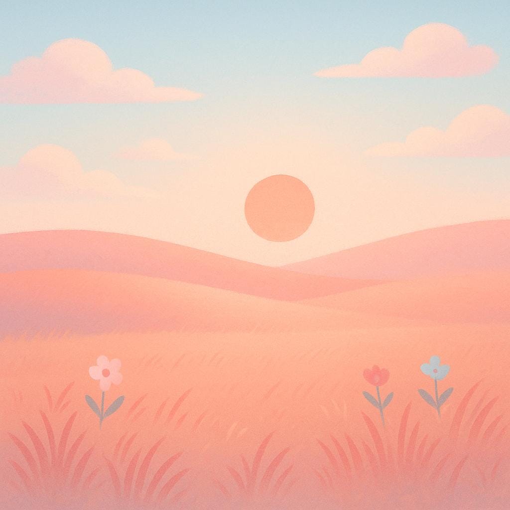 A calm storybook illustration depicting the early morning light over a grassy field, characterized by soft pastel colors of pink, orange, and light blue illuminating the scene.