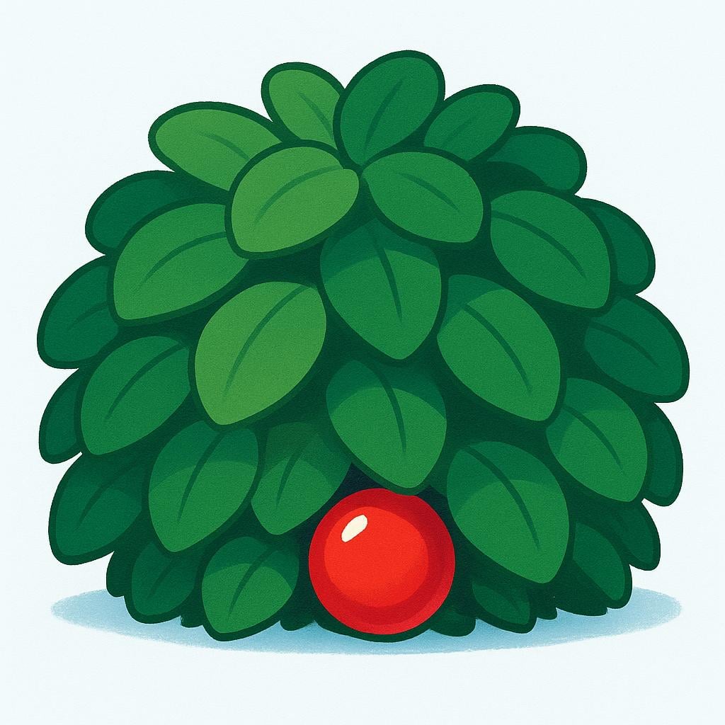 A small red ball is almost entirely concealed behind a large, vibrant green bush, with only a tiny sliver of red visible.