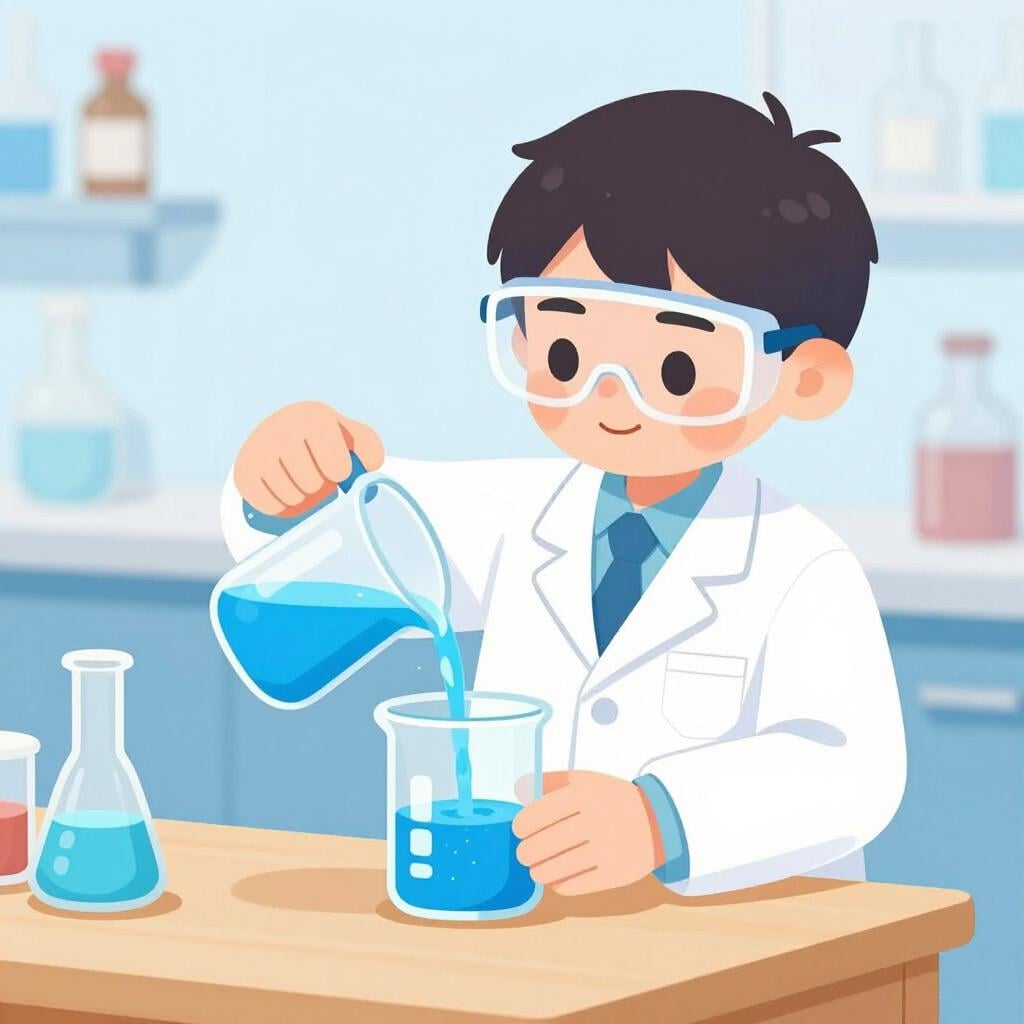 A scientist in a white lab coat pouring a blue liquid from one glass beaker into another.