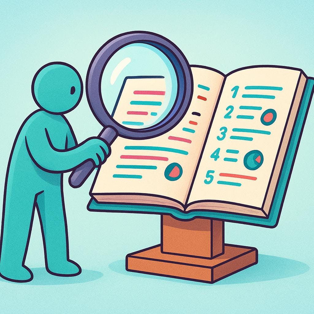 A storybook illustration showing a simplified figure holding a large magnifying glass and closely examining details on an open, oversized book, symbolizing a search for information.