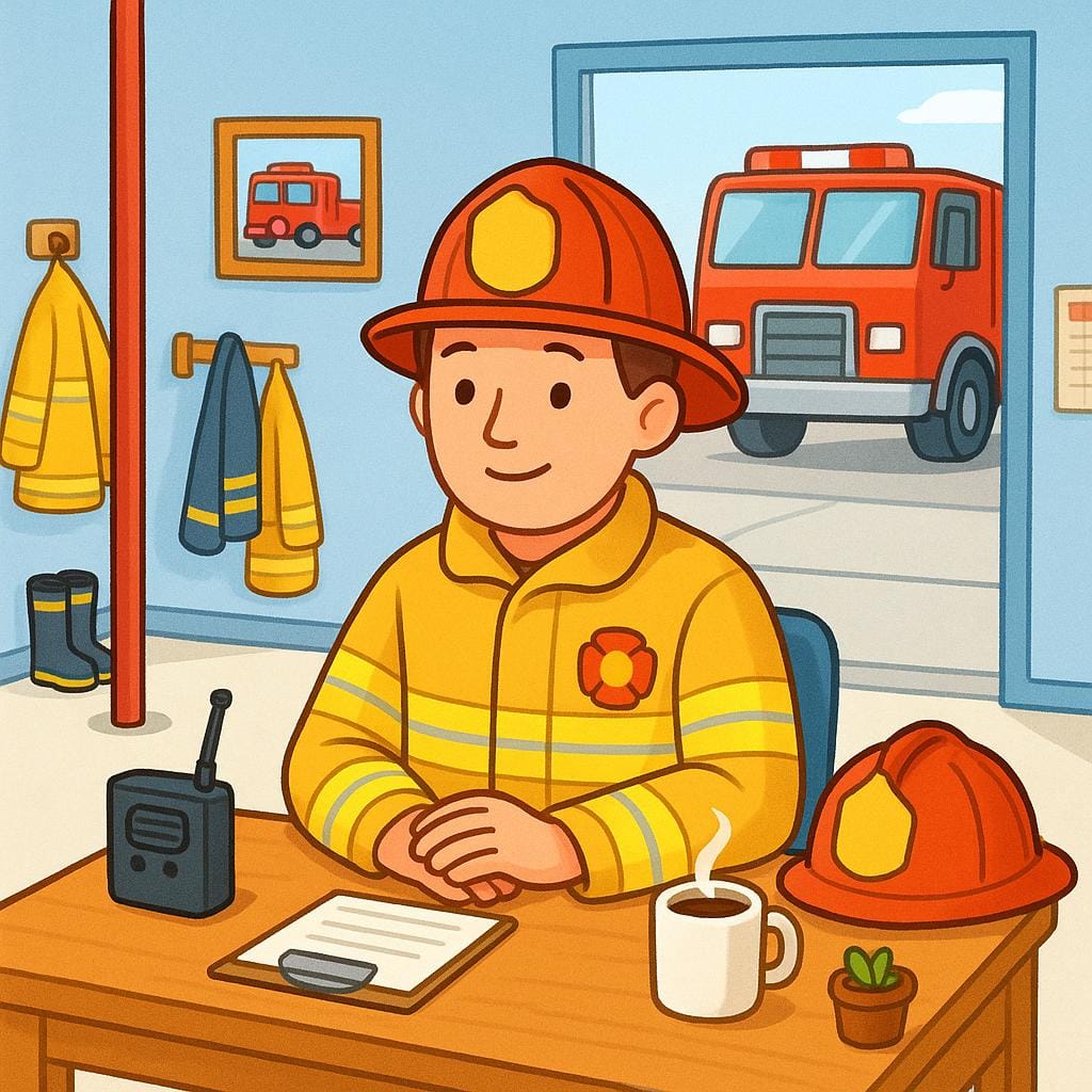 A uniformed firefighter sitting patiently at a small desk inside a fire station, ready to respond to a call.