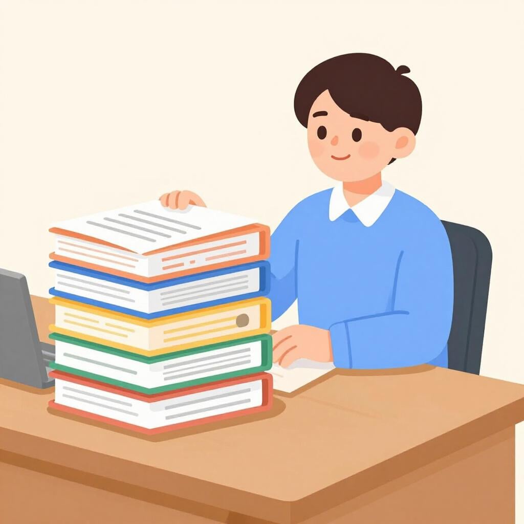 A person sitting at a clean desk with a very tall, neat stack of finished folders and papers.
