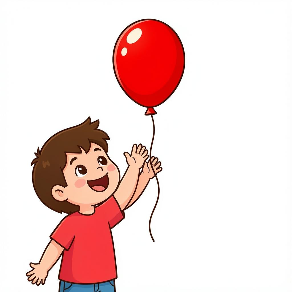 A small child reaching up with a smile towards a bright red balloon floating just above them.