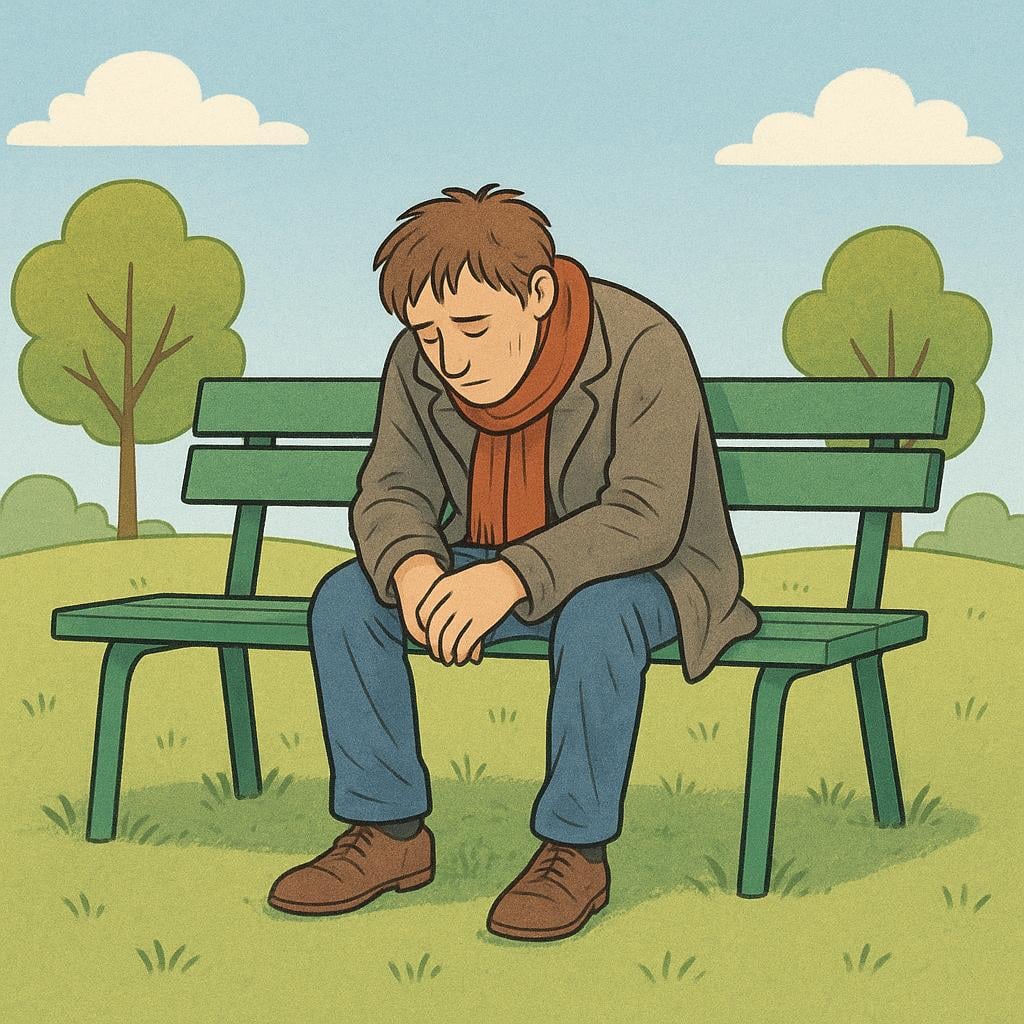 An illustration of a solitary, disheveled man sitting slumped on a park bench looking downtrodden.