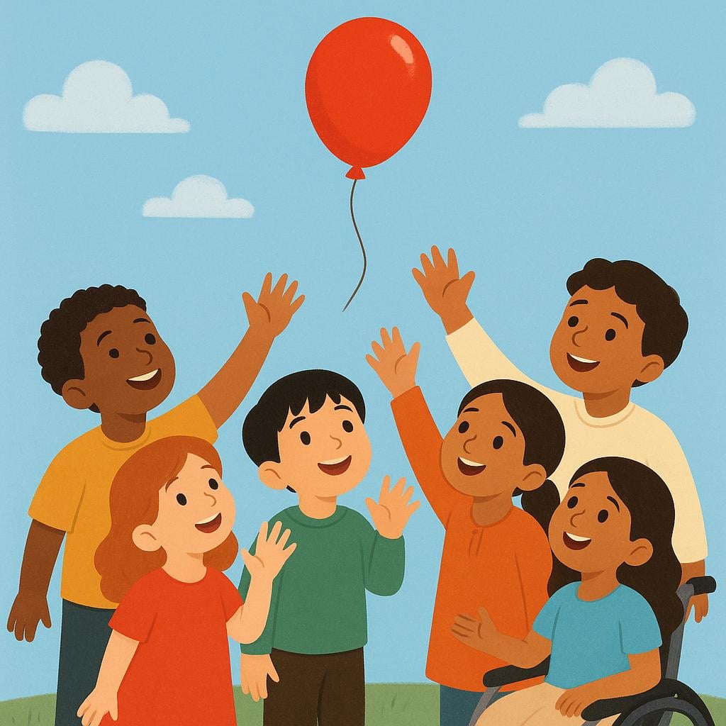 A group of happy children looking up at a bright red balloon held high in the air, their hands reaching out with excitement.