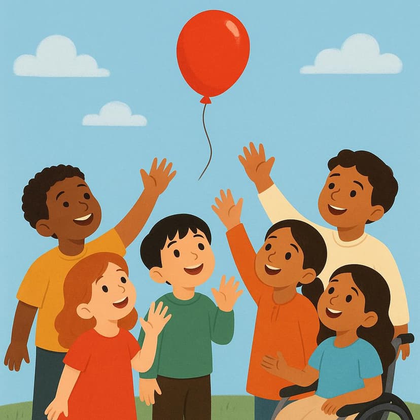 Un gruppo di bambini felici guarda in alto verso un palloncino rosso brillante tenuto in alto in aria, le loro mani protese con entusiasmo.