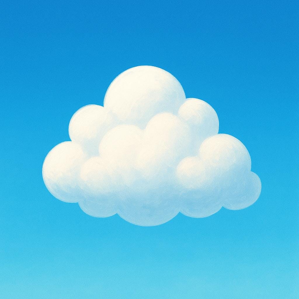 A large, simple, fluffy white cumulus cloud floating against a bright blue sky.