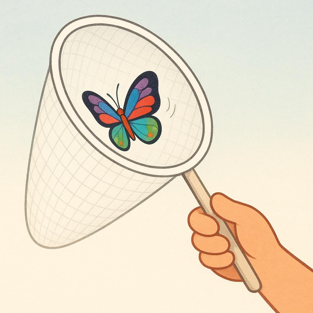 A close-up view of a person's hand holding a simple net that has gently caught a brightly colored butterfly.