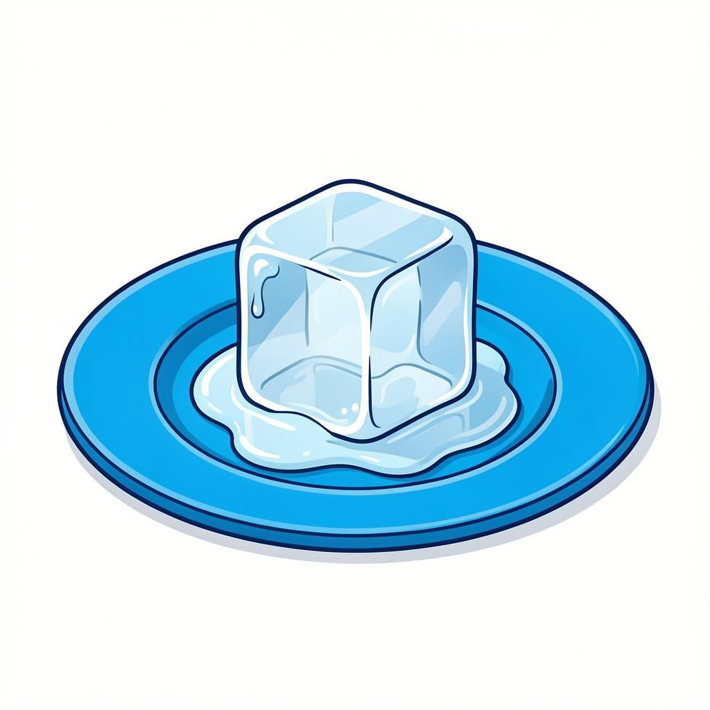 A single ice cube on a colorful plate turning into a small puddle of water.