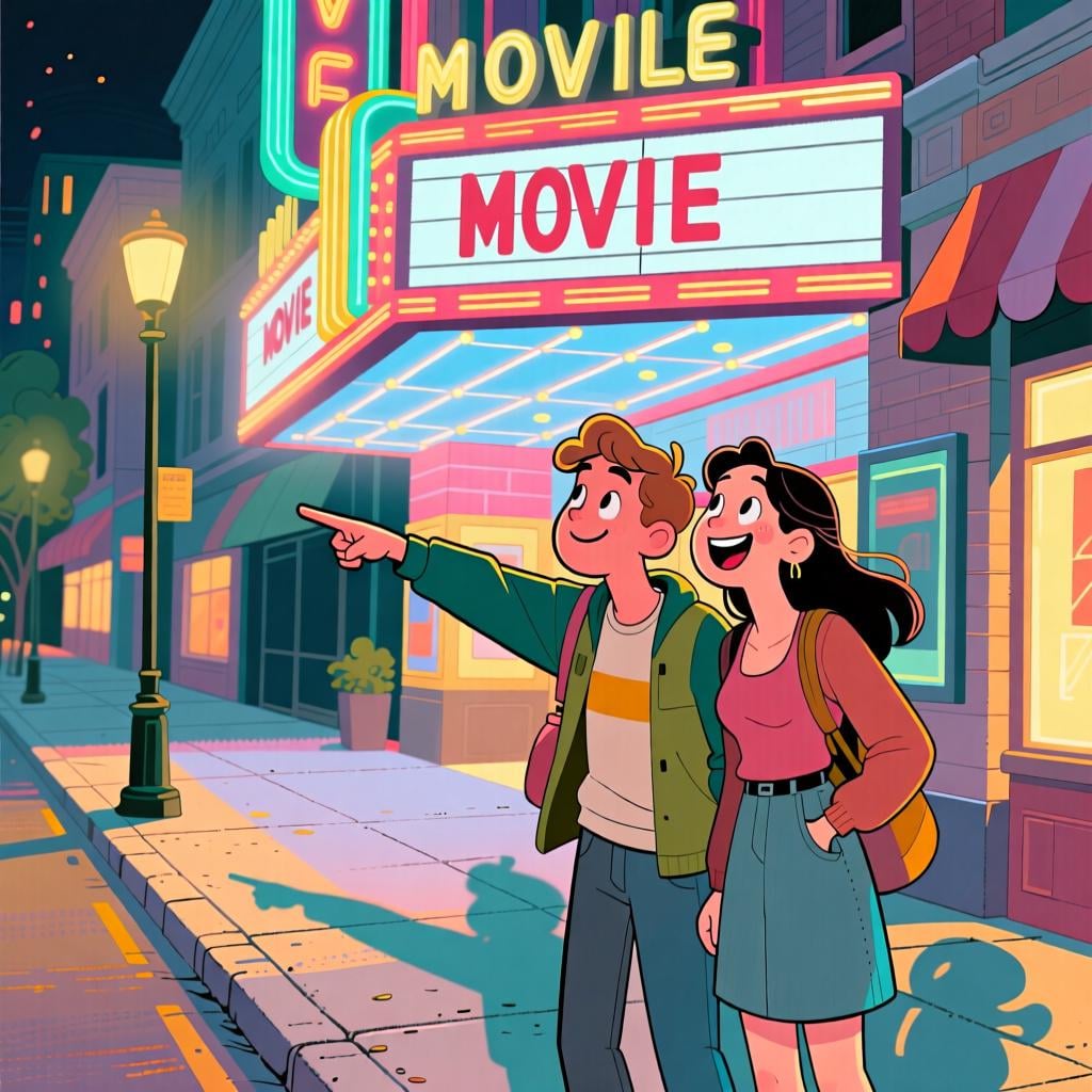 Two friends standing in front of a movie theater, one is pointing at the building with a smile, suggesting they go see a film.