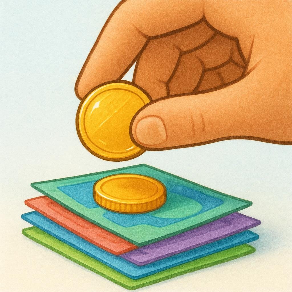 A close-up view of a hand placing a single, shiny gold coin onto a small pile of paper bills, symbolizing an additional financial charge.
