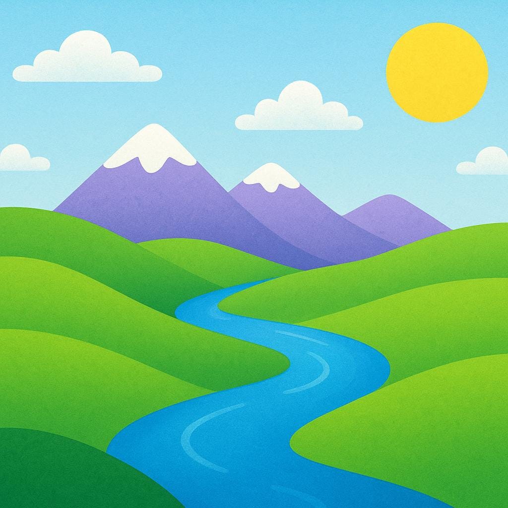A wide view of green rolling hills, a blue river, and distant mountains under a sunny sky.