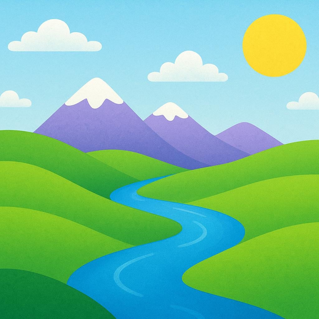 A wide view of green rolling hills, a blue river, and distant mountains under a sunny sky.