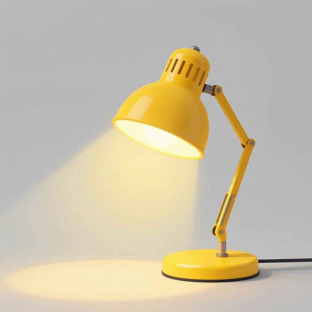 Eine hellgelbe Schreibtischlampe, die Licht auf einen Holztisch wirft.