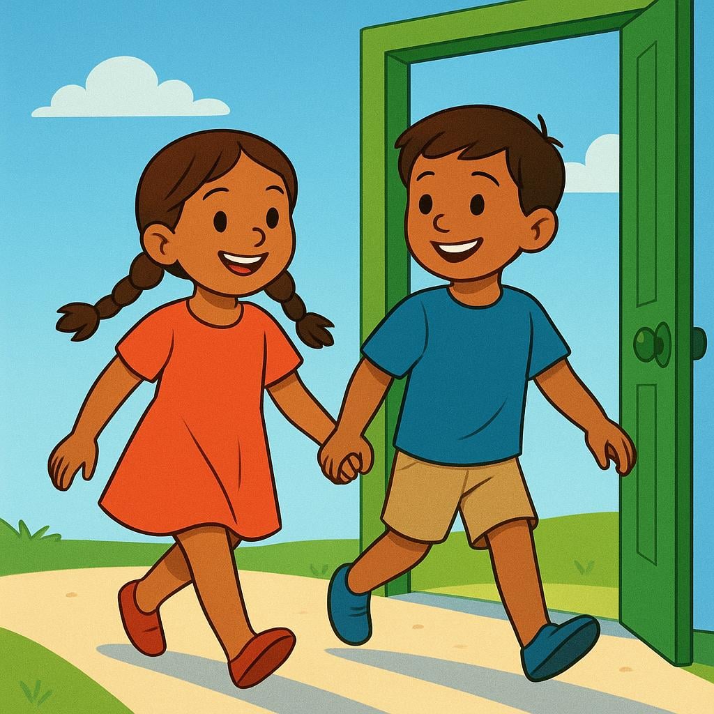 Two cheerful figures, a girl and a boy, are stepping through an open door from a room into bright daylight, signifying the act of leaving.