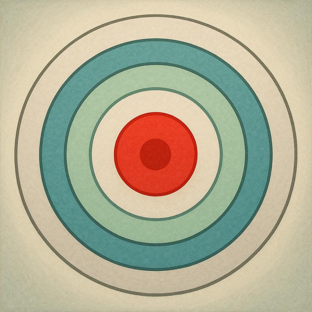 A close-up view of a circular target showing the central bullseye painted red, surrounded by white and black concentric rings.