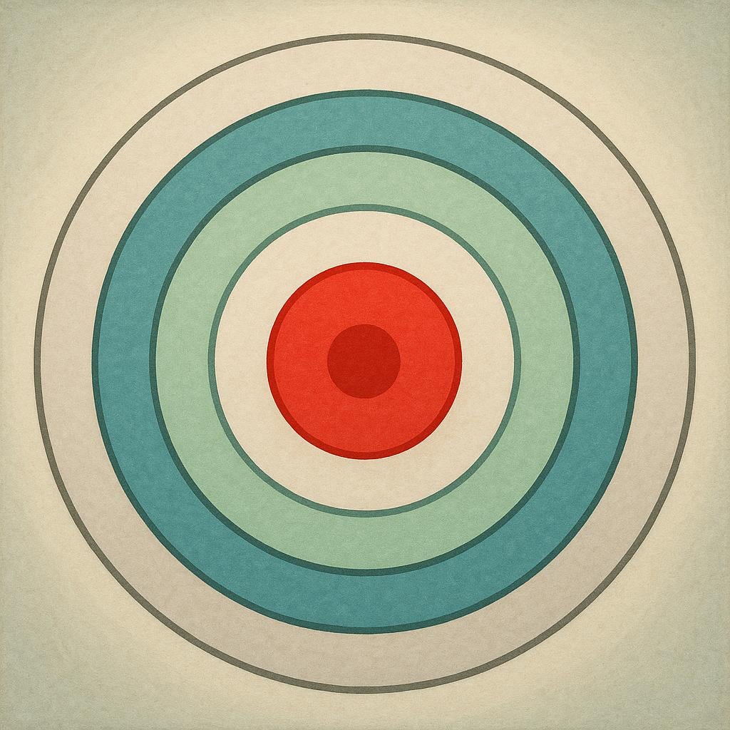 A close-up view of a circular target showing the central bullseye painted red, surrounded by white and black concentric rings.