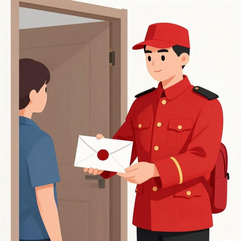 A formal messenger in a red uniform handing a wax-sealed envelope to a person at a wooden door.